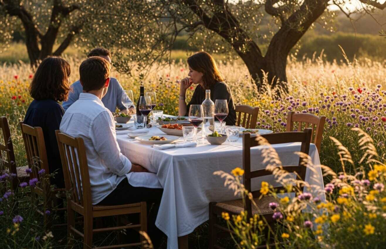 Friends sharing a meal at a table in a sunlit wildflower meadow.