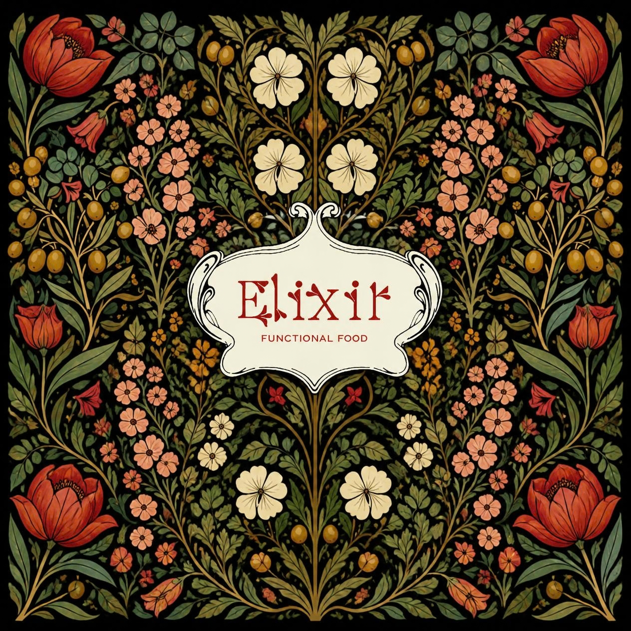 Elixir logo on a floral botanical background.